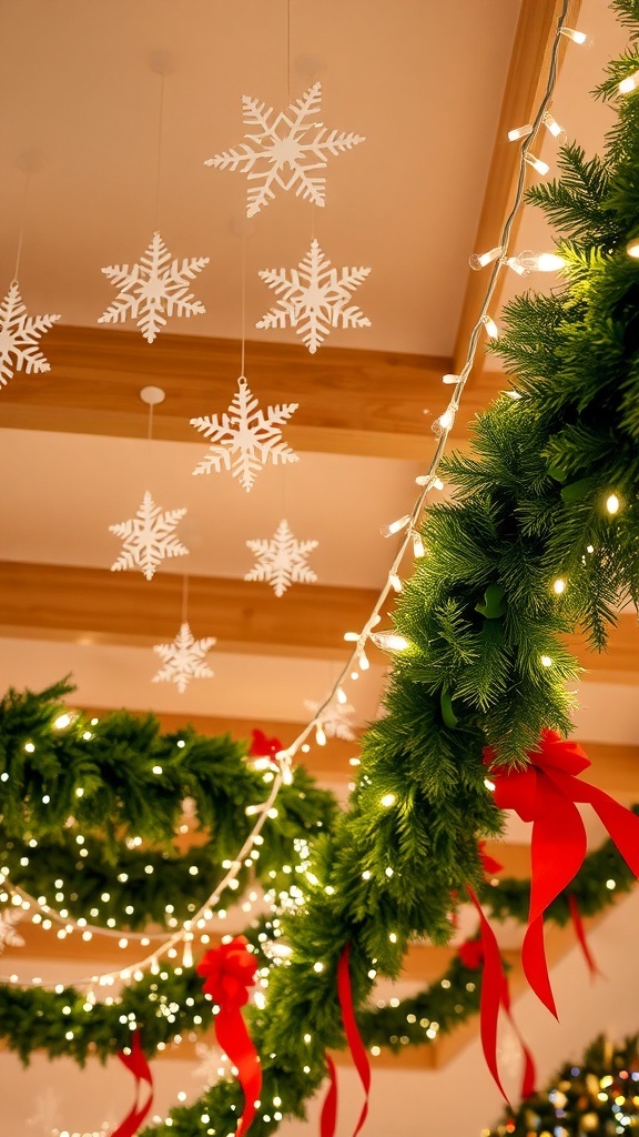 A festive Christmas ceiling decorated with snowflakes, lights, and garlands.
